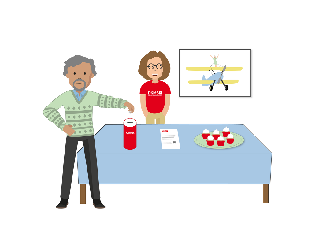 Graphic showing middle aged man and woman with charit donation money box and plate of baked Graphic showing middle aged man and woman with charit donation money box and plate of baked