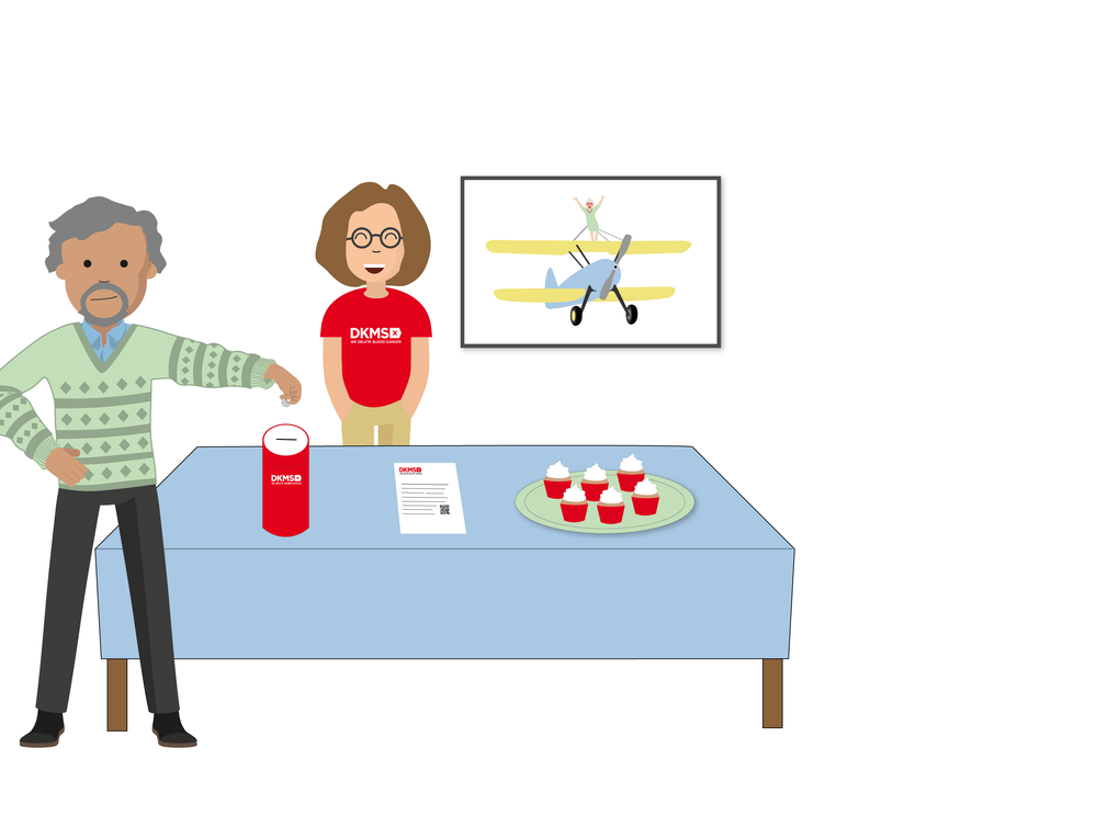 Graphic showing middle aged man and woman with charit donation money box and plate of baked Graphic showing middle aged man and woman with charit donation money box and plate of baked