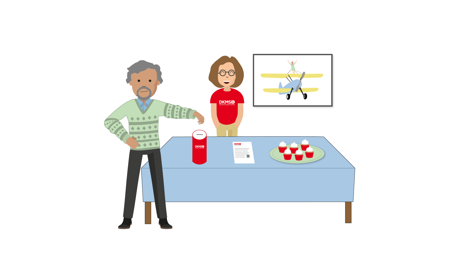 Graphic showing middle aged man and woman with charit donation money box and plate of baked