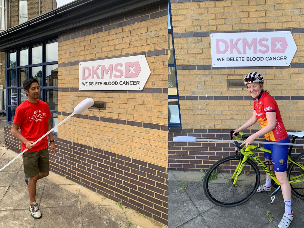 Three DKMS staff setting off on the Swabtember challenge carrying a giant swab Three DKMS staff setting off on the Swabtember challenge carrying a giant swab