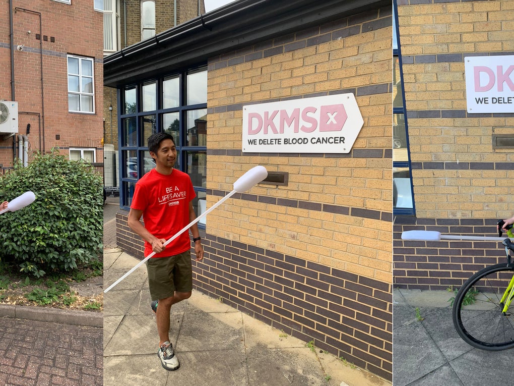 Three DKMS staff setting off on the Swabtember challenge carrying a giant swab Three DKMS staff setting off on the Swabtember challenge carrying a giant swab