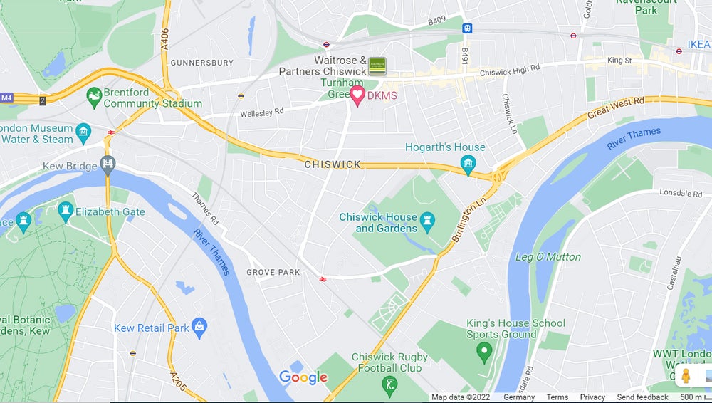 Map of DKMS UK office in Chiswick with local Underground and rail stations Map of DKMS UK office in Chiswick with local Underground and rail stations