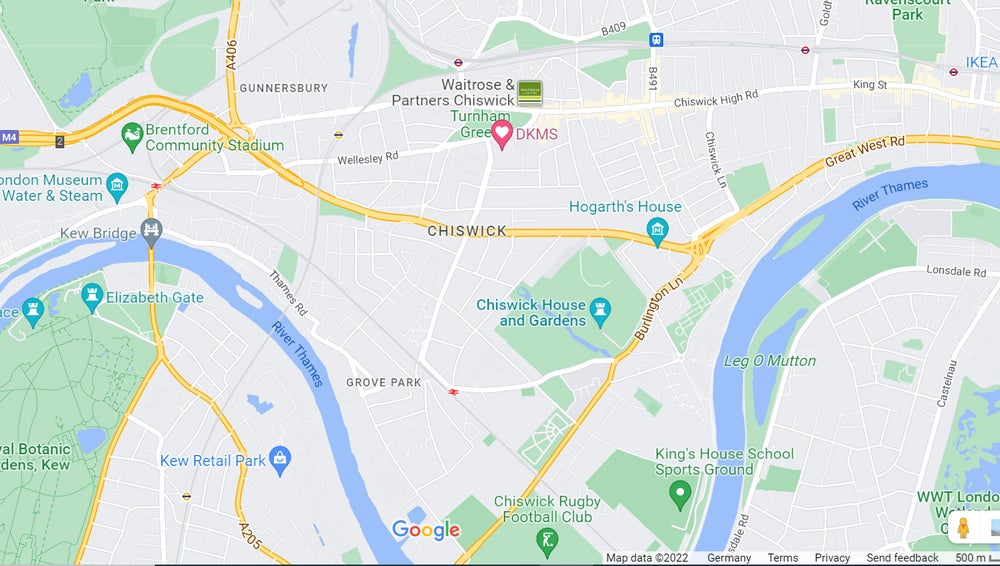 Map of DKMS UK office in Chiswick with local Underground and rail stations