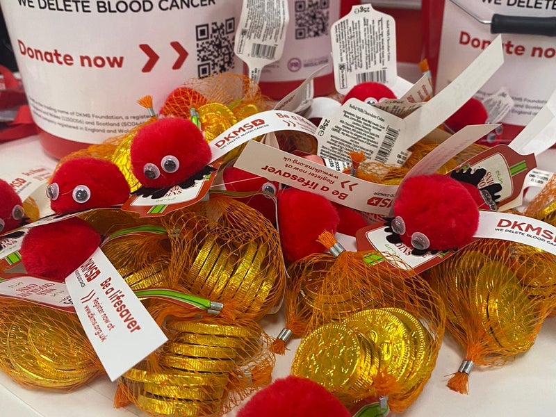 DKMS branded gold chocolate coins, collection buckets and logo bugs