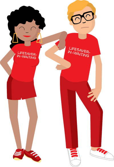 Graphic showing a man and a woman all dressed in red. T-shirts reading "Lifesaver-in-waiting". 