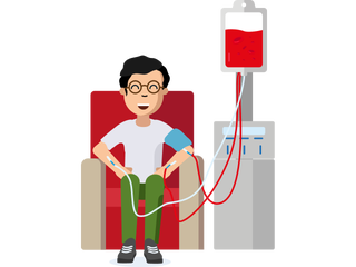 A graphic showing someone donating blood stem cells via PBSC