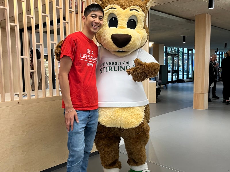 Ian with University of Stirling mascot, Stirling Squirrel