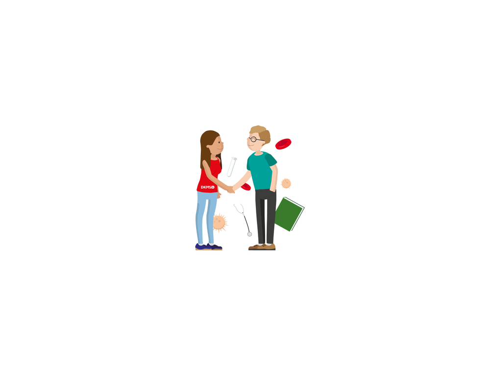 Graphic of DKMS woman shaking hands with a man in green t-shirt Graphic of DKMS woman shaking hands with a man in green t-shirt