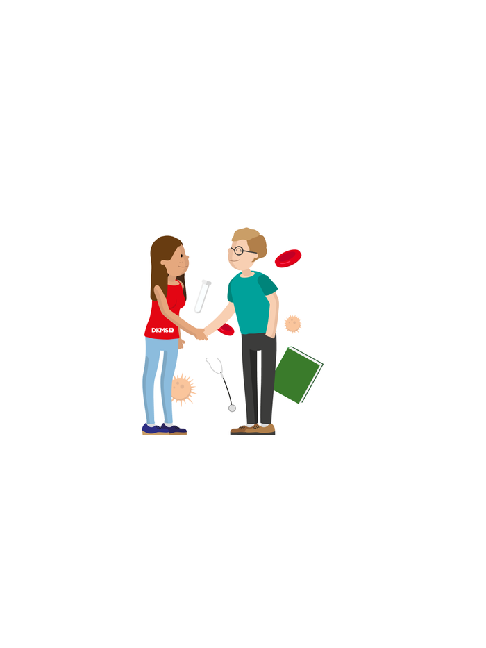 Graphic of DKMS woman shaking hands with a man in green t-shirt Graphic of DKMS woman shaking hands with a man in green t-shirt