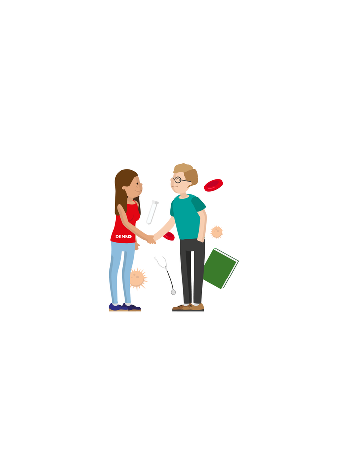 Graphic of DKMS woman shaking hands with a man in green t-shirt Graphic of DKMS woman shaking hands with a man in green t-shirt