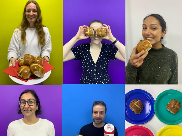 Photos of various people posing with Hot Cross Buns Photos of various people posing with Hot Cross Buns