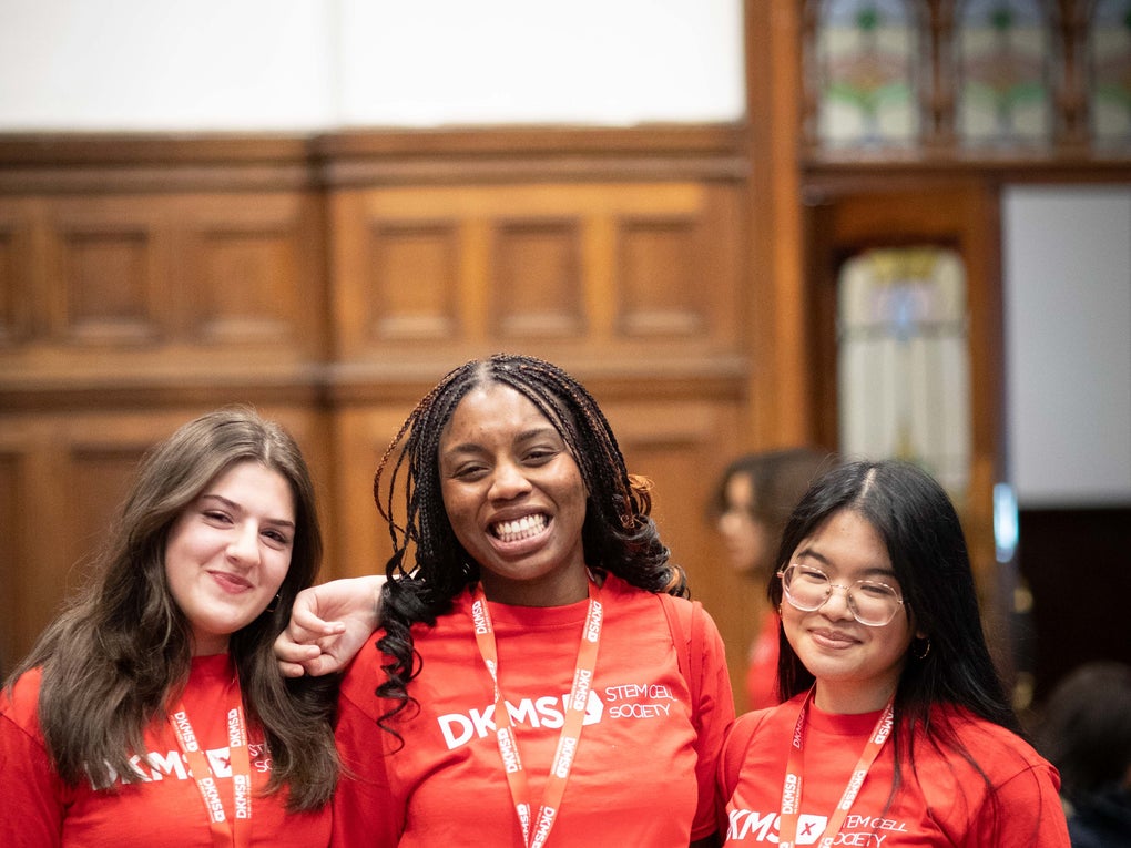 3 student ambassadors holding a DKMS collection bucket 3 student ambassadors holding a DKMS collection bucket