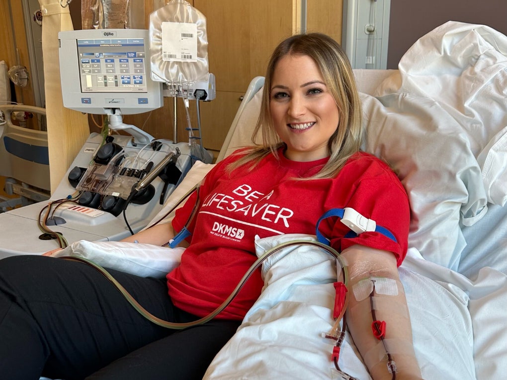 Gemma Cuff lying on hospitl bed giving her donation Gemma Cuff lying on hospitl bed giving her donation