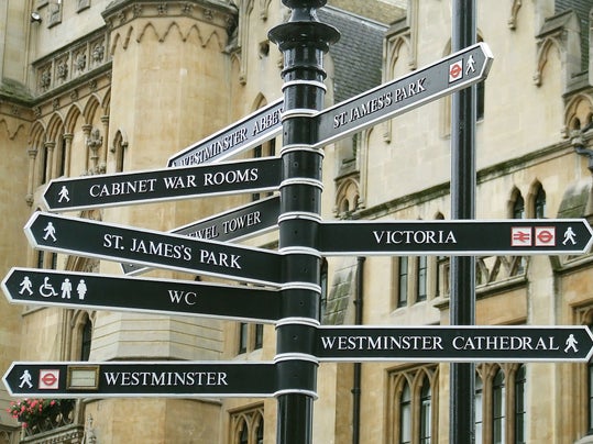 Sign post showing directions to many London landmarks