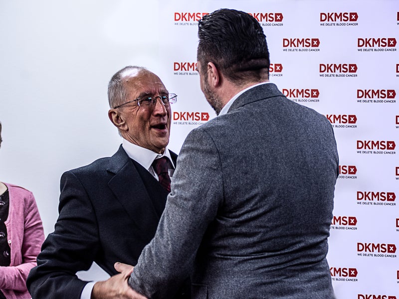 Mark (right) meeting Ivor for the first time at the DKMS London office