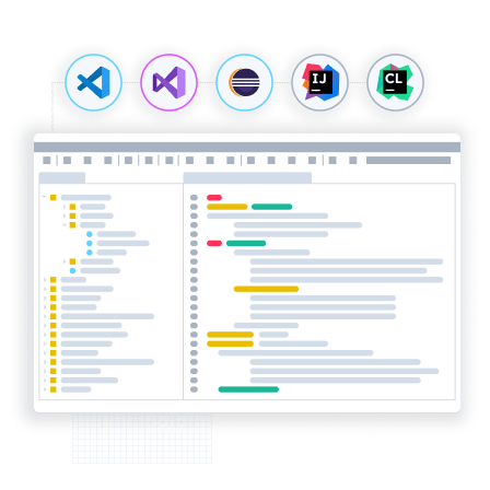 Image shows the VS Studio, VS Code, Eclips, Intella J and C Lion Logo's and an example IDE environment