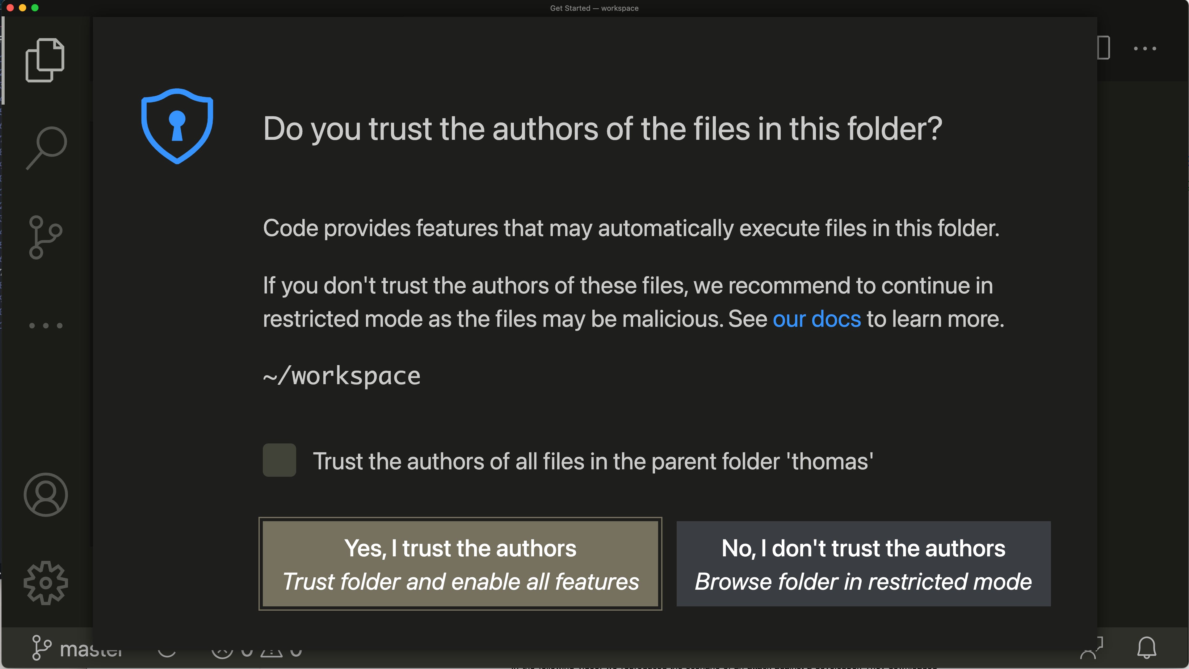 Visual Studio Code Workspace Trust prompt