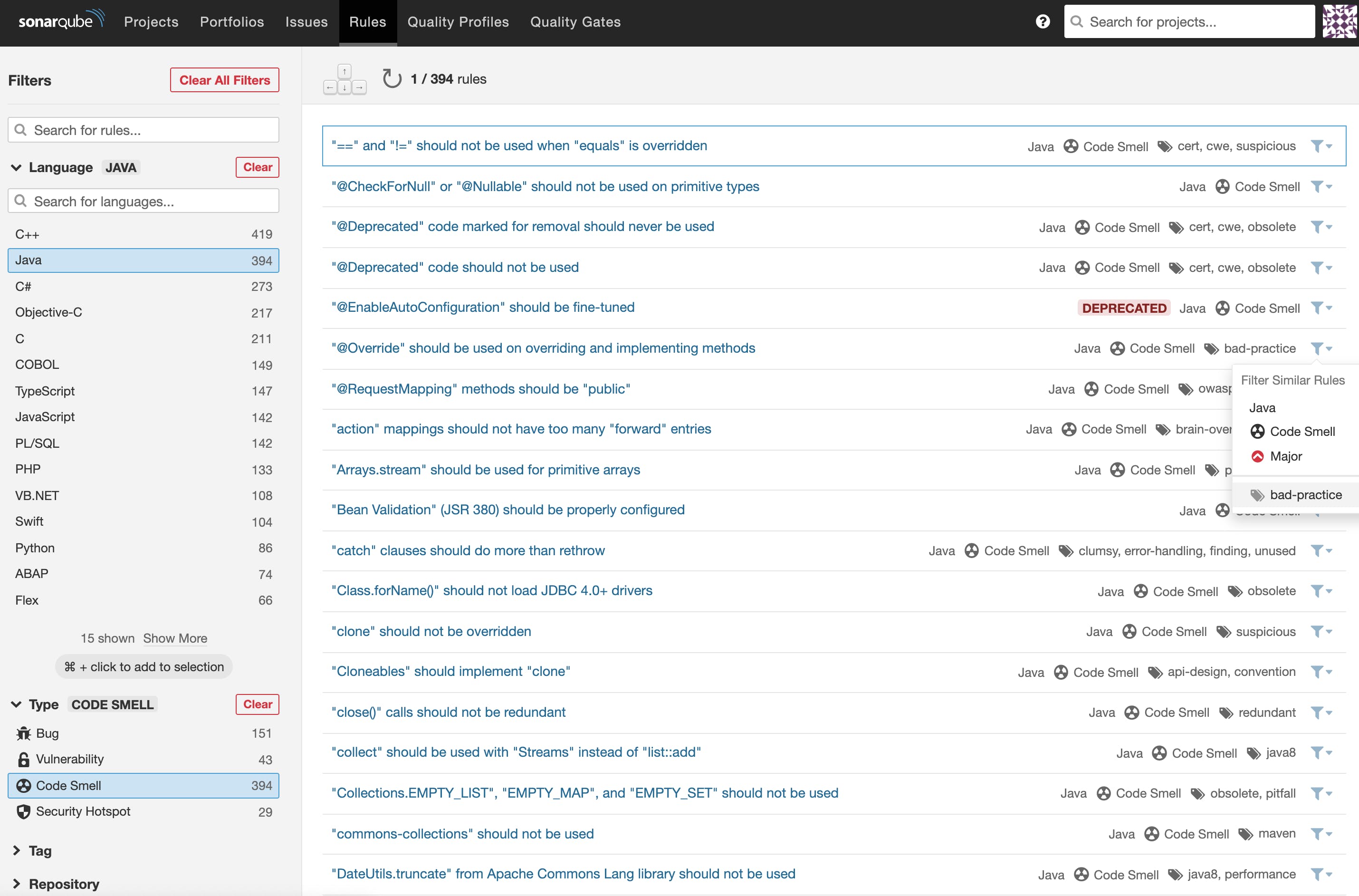 Java rule filtering in SonarQube