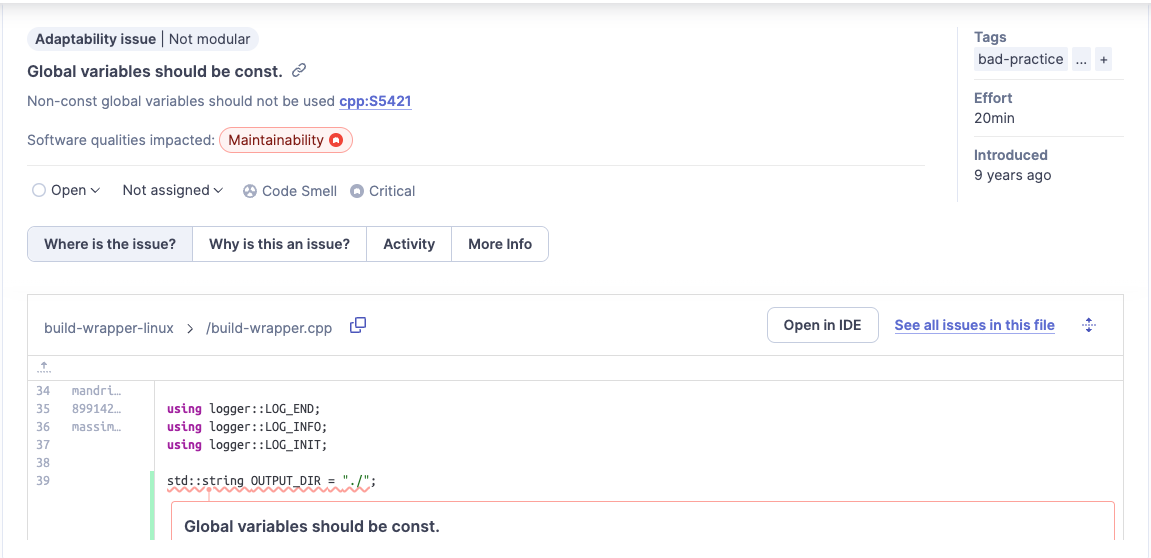 Image is a screen capture of an issue in SonarQube showing the Open in IDE button.