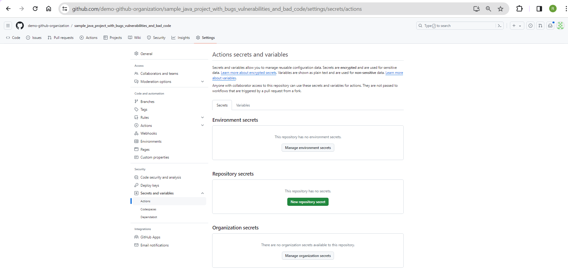 GitHub repo secrets in settings