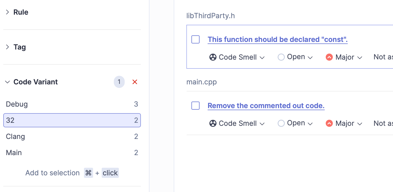 Screenshot from SonarQube showing Code Variant filter list