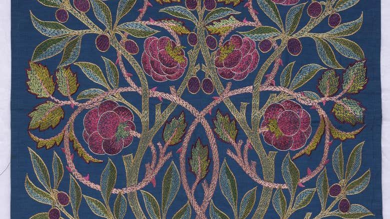 William Morris and Lily Yeats, Rose and olive cushion cover, designed by Morris, embroidered by Yeats, c. 1902. Yeats Archive. Photo, National Gallery of Ireland.