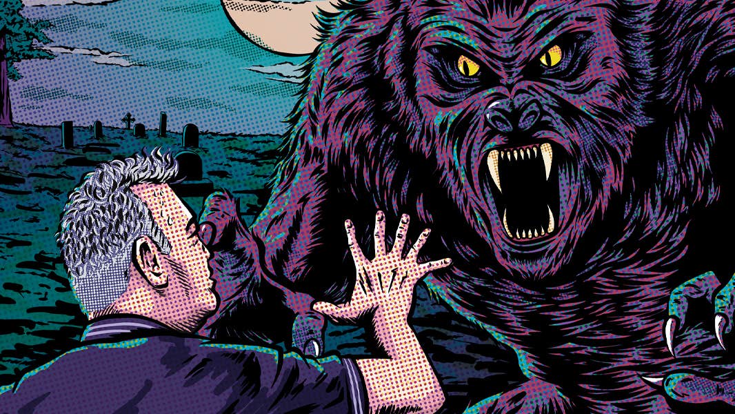 Cartoon type image with rear view of a man holding his hand up to stop a large aggressive wolf type beast.