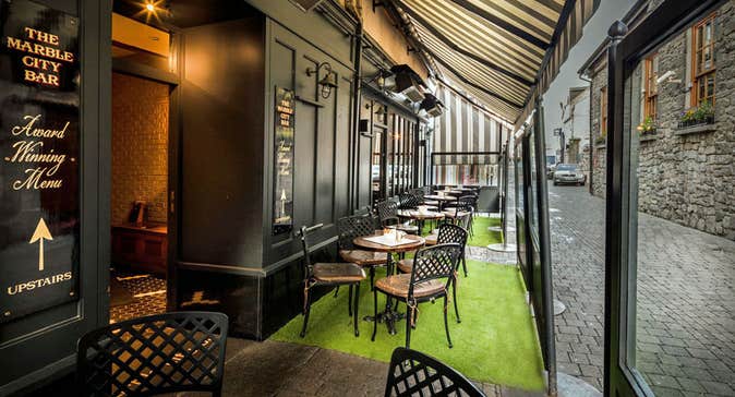 Entrance and seating area to Marble City Tearooms on Kieran Street Kilkenny