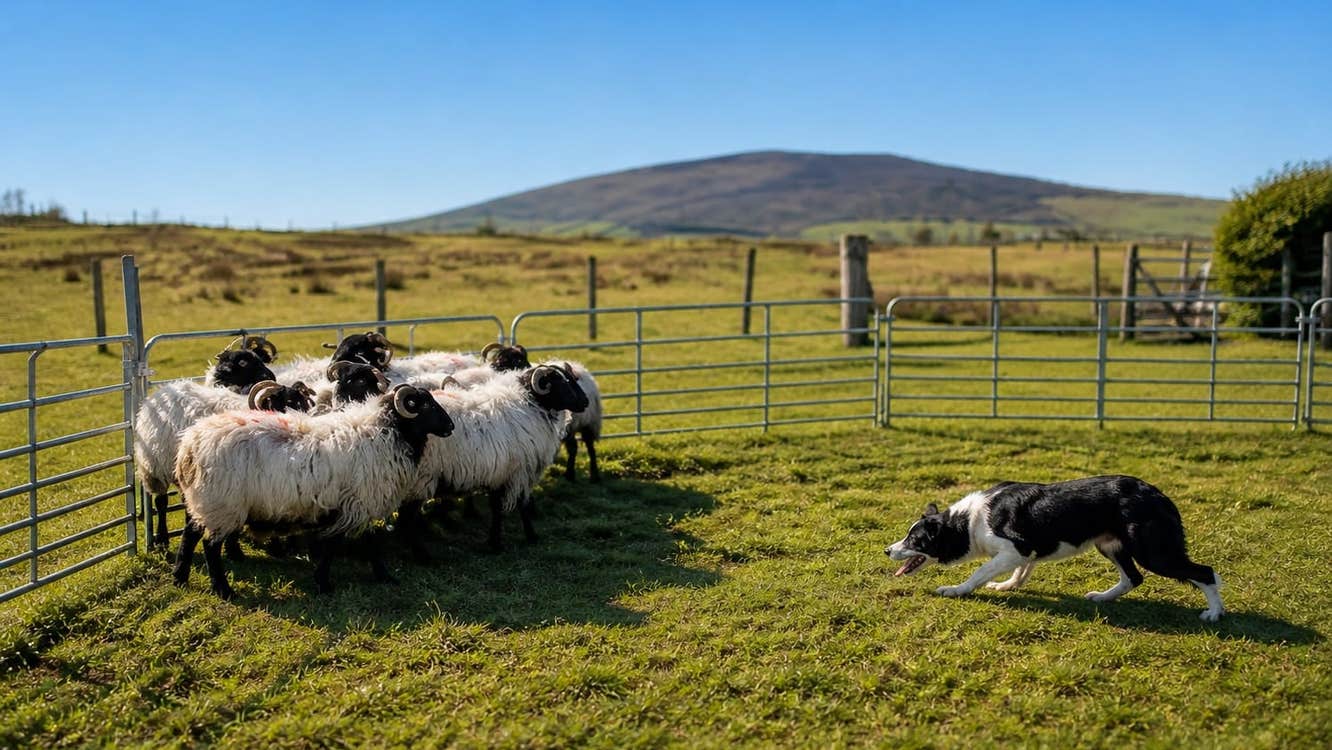 Working Sheepdog Maggie in action guarding a small group of sheep in a field on a sunny day.