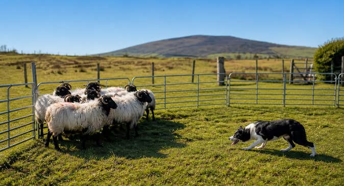 Working Sheepdog Maggie in action guarding a small group of sheep in a field on a sunny day.