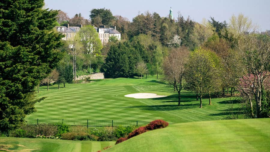 A view from the fairway with a bunker in the distance at Lucan Golf Club