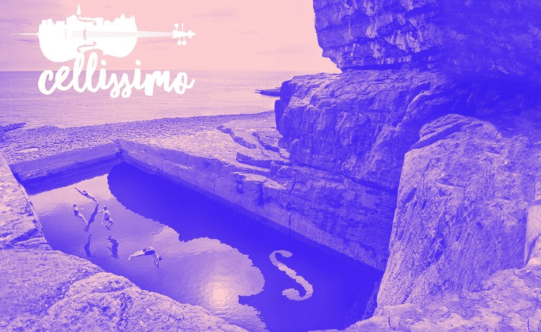 Pink, purple image of a rocky coastal inlet with a natural pool and image of part of a cello reflected in the water into which figures are diving.