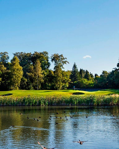 A view over a lake towards the fairways of Luttrellstown Castle Golf Club