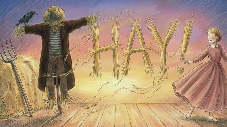 Lyngo Theatre presents Hay! Cartoon type image of a scarecrow and a young woman in a flowing dress surrounded by hay.