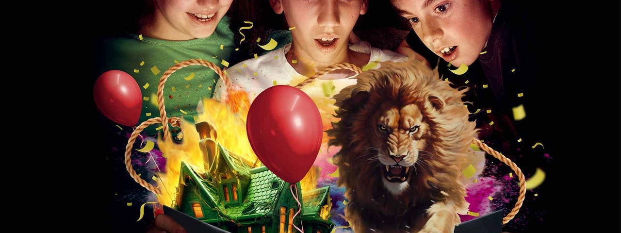 3 children looking with wonder at a large open book bursting open with a scary lion, balloons, a green house and flames, against black background.