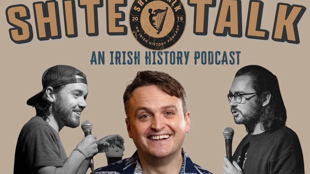 Shite Talk History Jonathan Swift - A smiling man in the centre with photo either side of men holding mics.