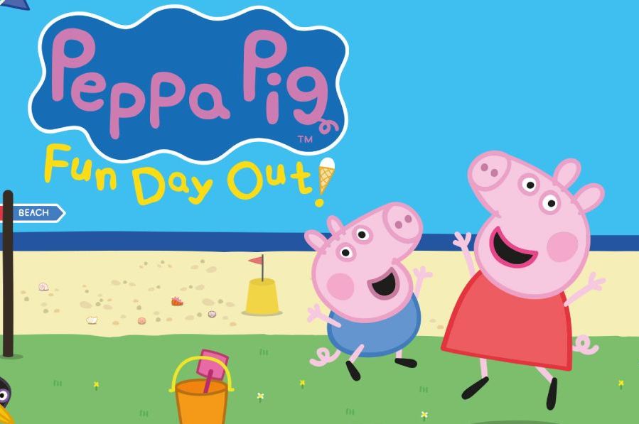 A colourful cartoon picture of 2 pig type characters on a beach.