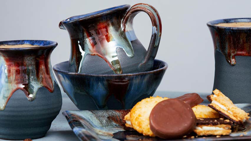Rossa Pottery tea service set in blue with distinctive glaze