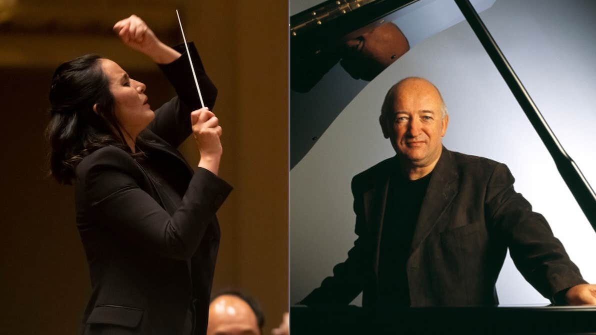 A man dressed in black leaning on a grand piano and a woman conducting with a baton.