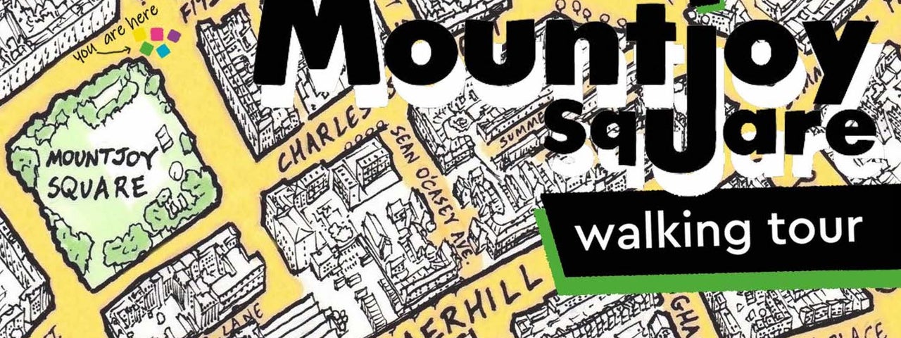 The illustration shows a map of Mountjoy Square and the surrounding area ,with the route of the Walking Tour marked out on the map.