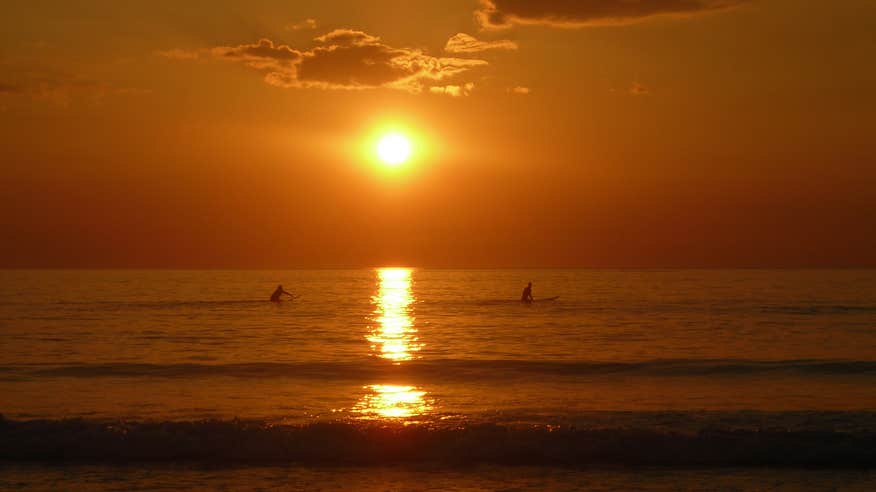 Surfers in the water at Strandhill Beach at sunset.