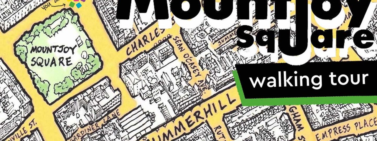 The illustration shows a map of Mountjoy Square and the surrounding area, with the route of the Walking Tour marked out on the map.