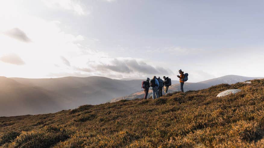 Group of people hiking across Wicklow Mountains National Park on a sunny day