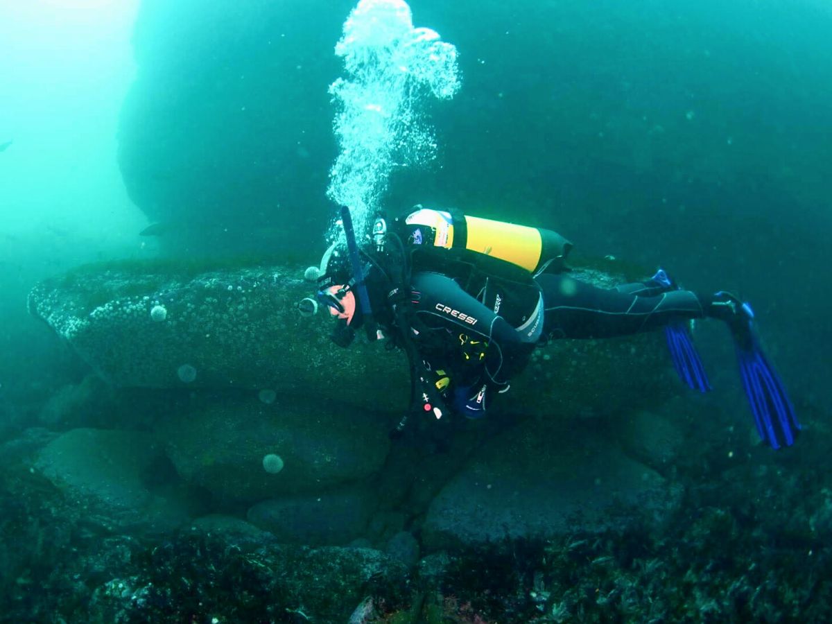 Photo of a diver under the water in diving gear with a yellow tank and bubbles coming up above them with large boulders behind them and greeny blue water.