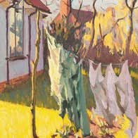 Studio Garden by Irish Artist William John Leech. Painting of small, crudely made washing line with a few pieces of washing on, in a garden behind a house, in shades of mostly yellow, brown and green.