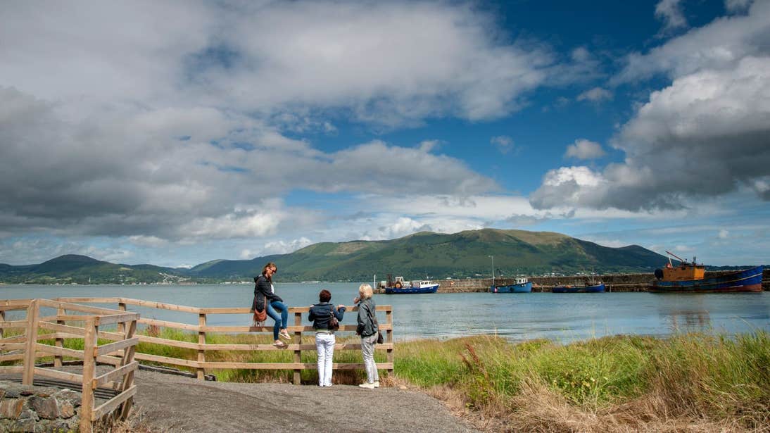 A group of people beside a fence on the Great Eastern greenway, Carlingford, Louth