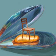 Drawing of an open blue mussel shell containing a tiny brown chair on top of a mussel.