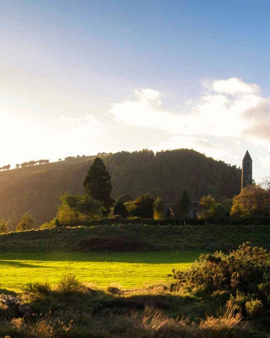 Valley of Glendalough with the round tower in the distance