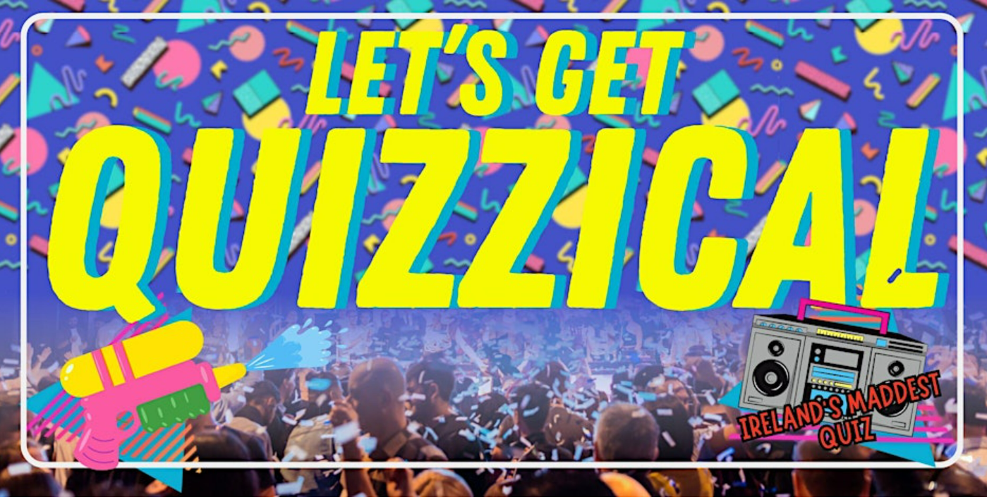 Large yellow text against blue, party type background.
