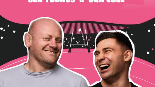 For the Love of Rugby with Ben Youngs & Dan Cole, 2 men laughing together with Pink and black background with rugby posts